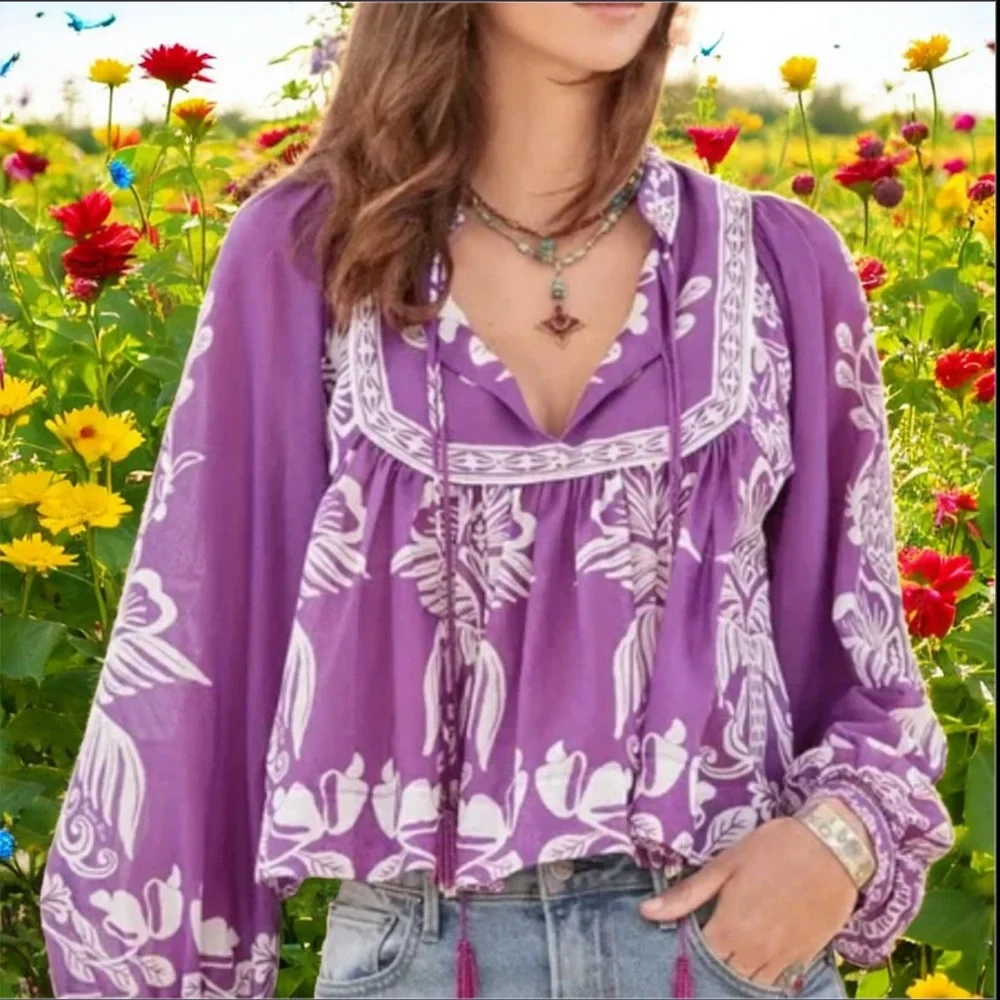 FARM Rio Purple white sweet garden top Tie Front Blouse size medium